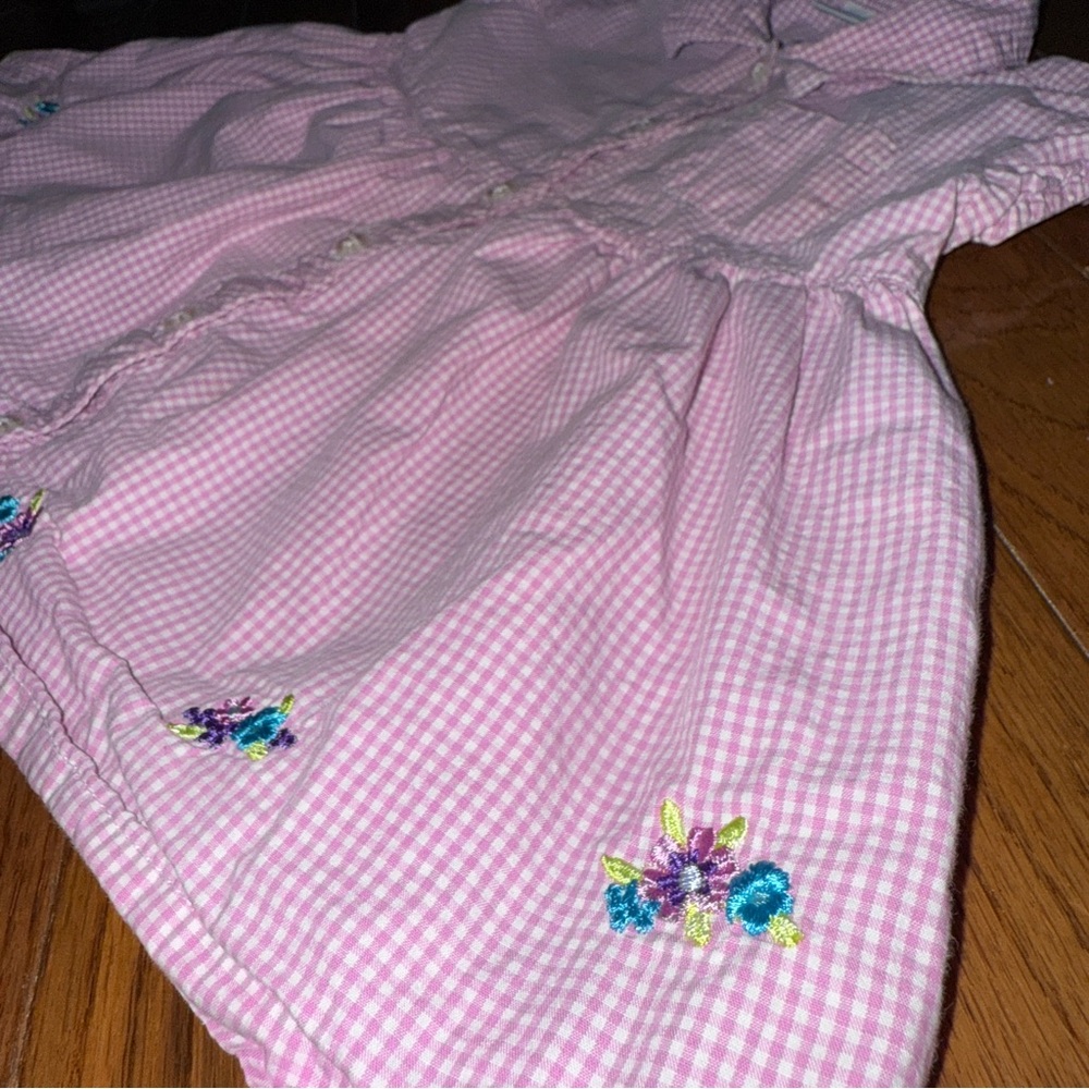 Vintage OshKosh, Pink Gingham Dress with Floral Embroidery, Size 12 Months